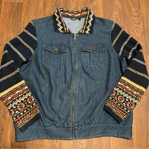 Kaktus Women’s Denim W/ southwestern Print Knit Collar & Sleeve Medium